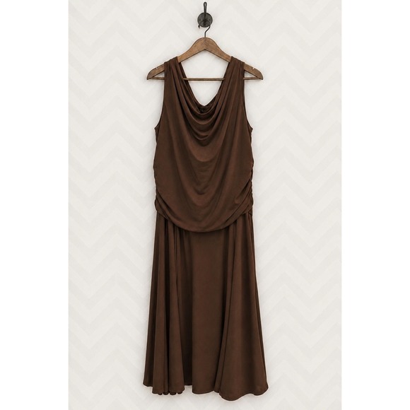 Sandra Darren Dresses & Skirts - Sandra Darren Midi Dress Cowl Neck Ruched Draped Brown Size 16